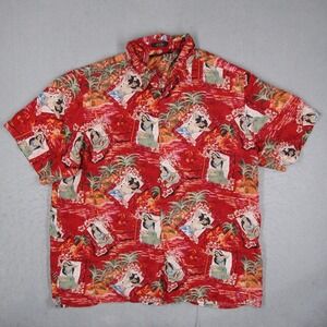 M.E. Sport Men XL Silk Hawaiian Shirt Red Hula Girl Tropical Short Sleeve Button
